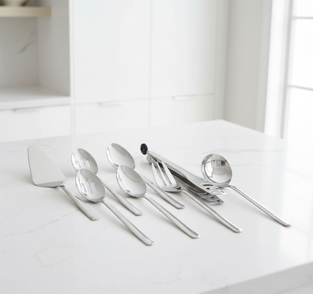 Heavy-duty stainless steel serving utensils set including slotted spoon, fork, tongs and cake server with polished handles — view 5b