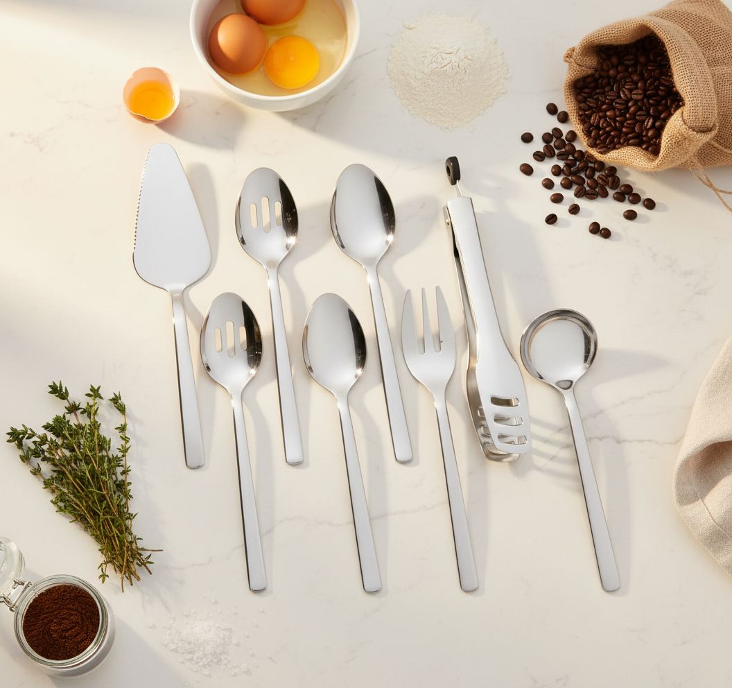 Heavy-duty stainless steel serving utensils set including slotted spoon, fork, tongs and cake server with polished handles — view 2