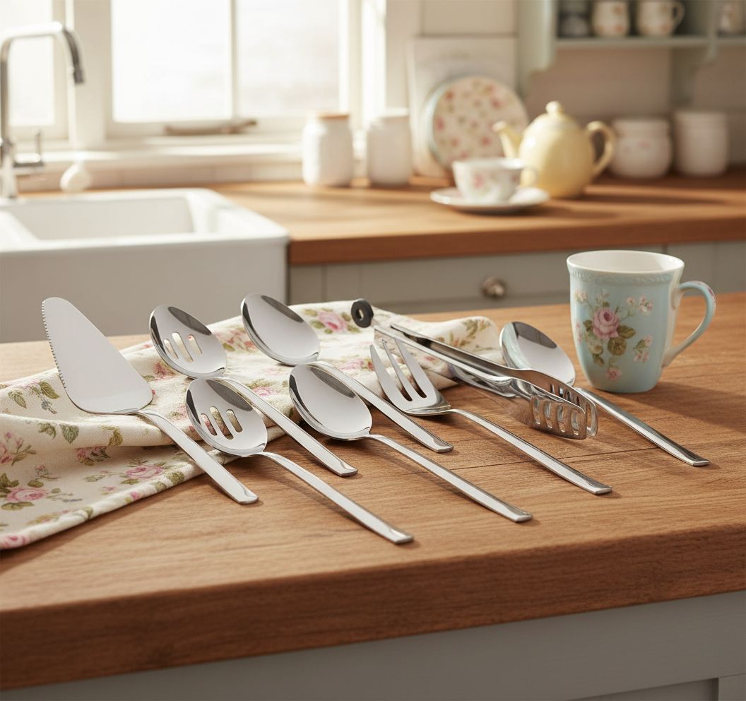 Heavy-duty stainless steel serving utensils set including slotted spoon, fork, tongs and cake server with polished handles — view 4