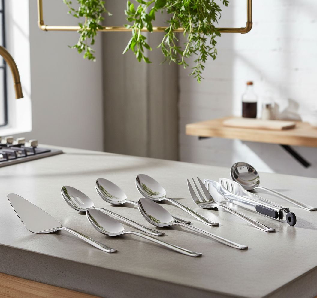 Heavy-duty stainless steel serving utensils set including slotted spoon, fork, tongs and cake server with polished handles — view 6