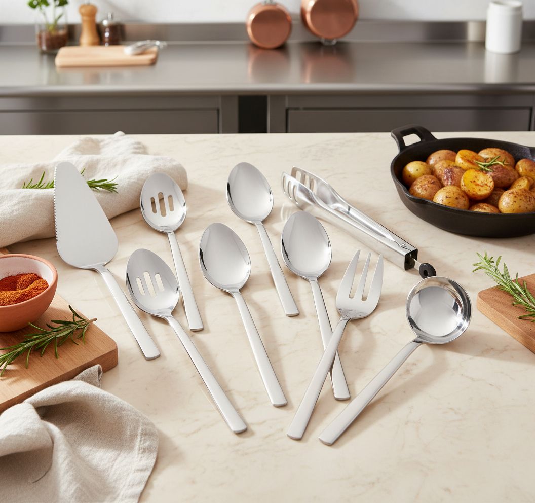 Heavy-duty stainless steel serving utensils set including slotted spoon, fork, tongs and cake server with polished handles — view 7a