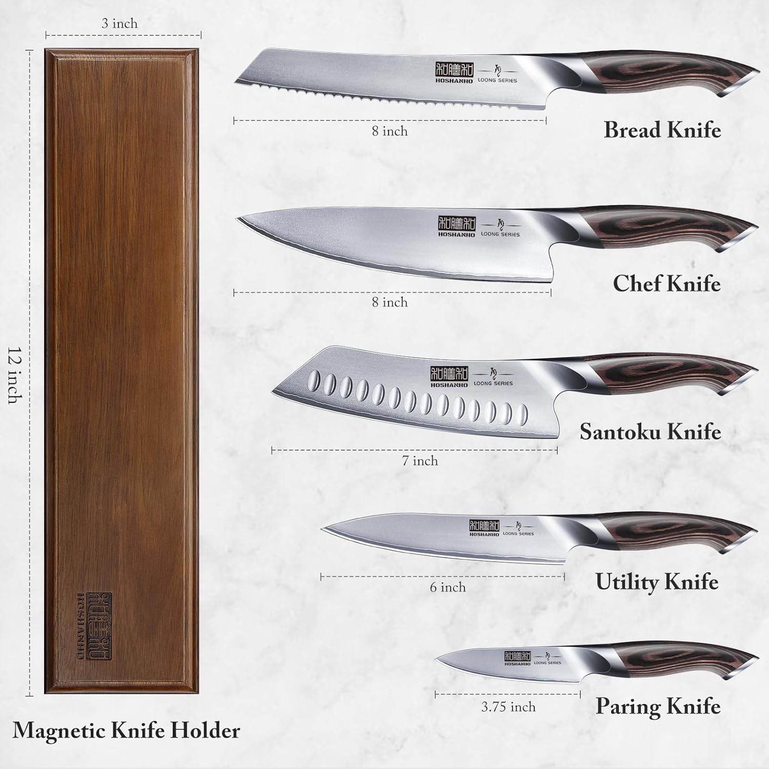 Six-piece Japanese stainless steel kitchen knife set with magnetic wall-mounted holder, featuring professional chef knives in silver โ view 2