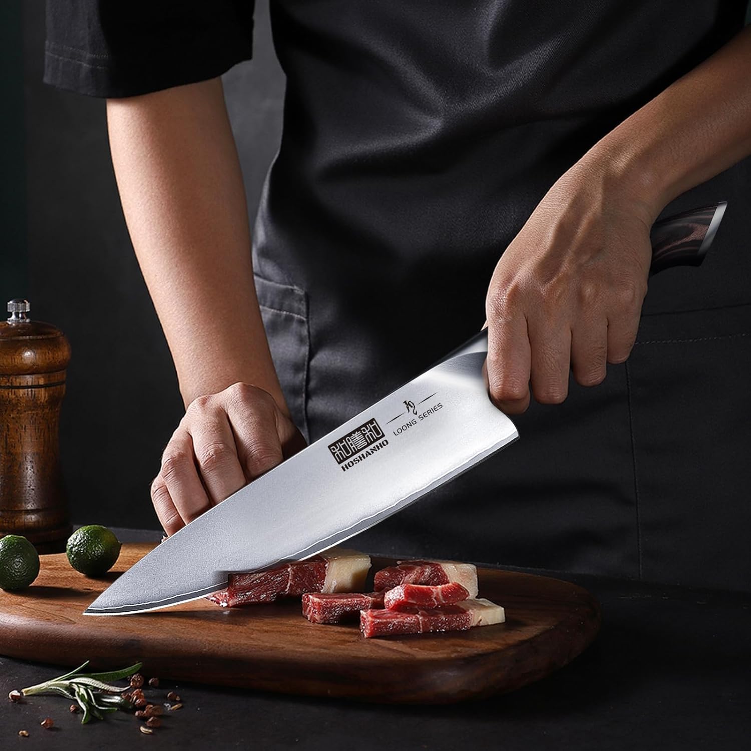 Six-piece Japanese stainless steel kitchen knife set with magnetic wall-mounted holder, featuring professional chef knives in silver โ view 2