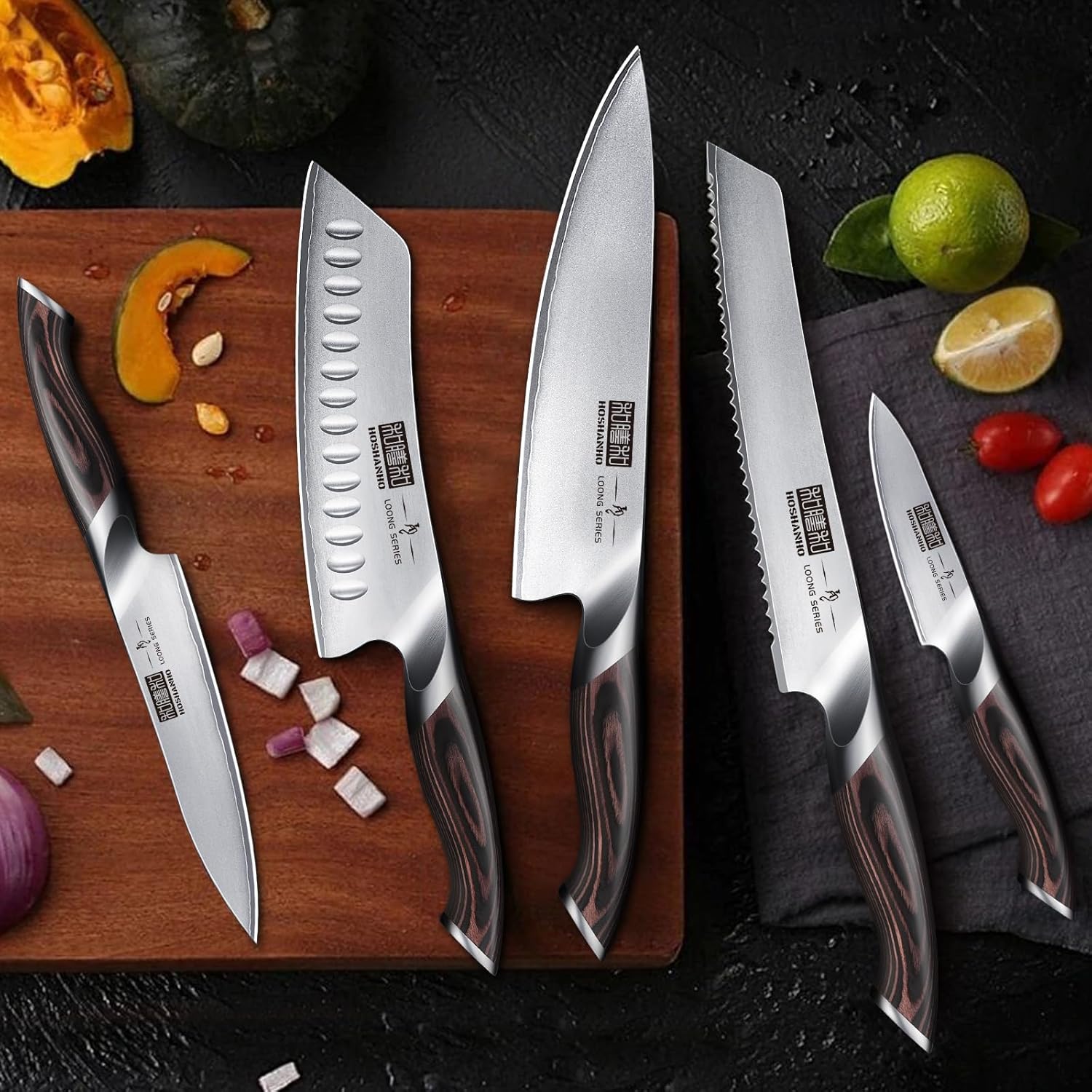 Six-piece Japanese stainless steel kitchen knife set with magnetic wall-mounted holder, featuring professional chef knives in silver โ view 3