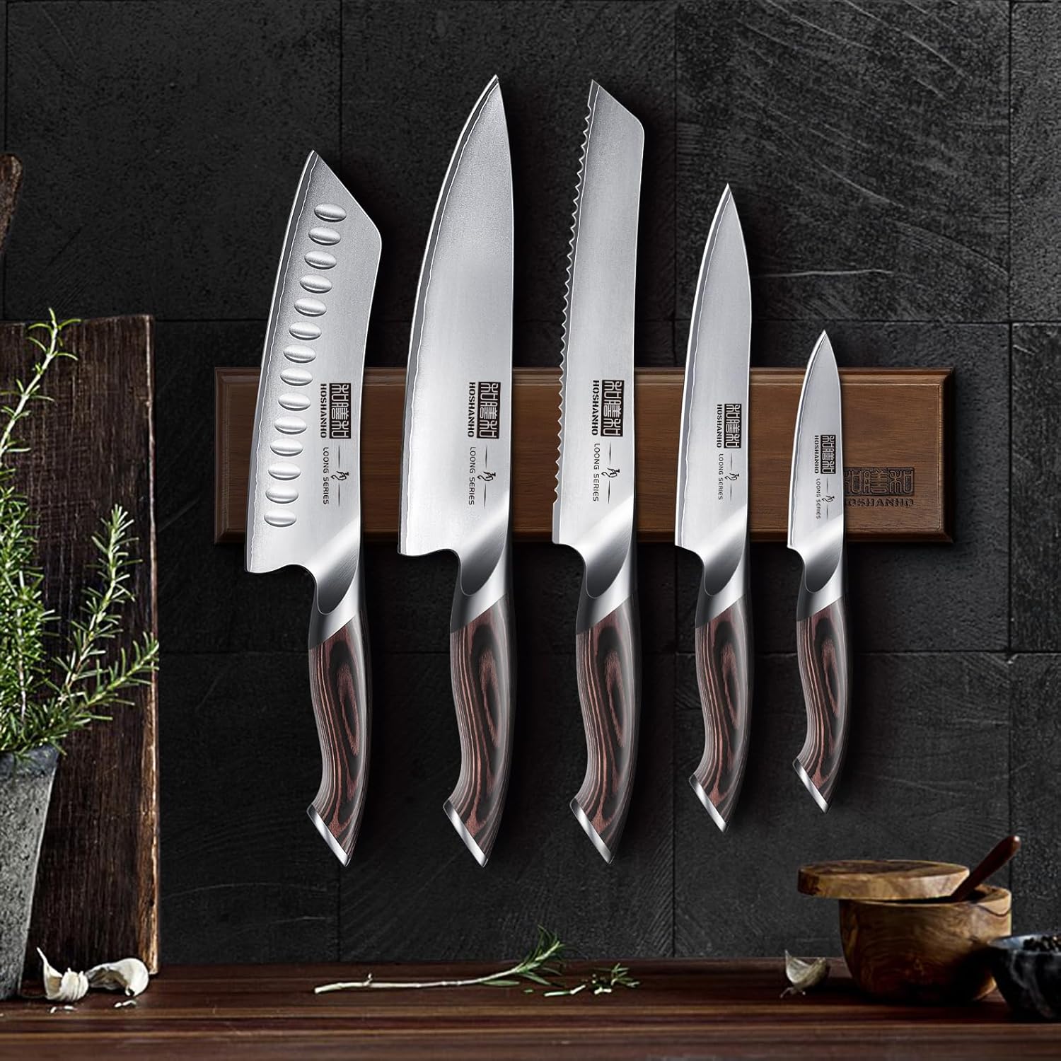 Six-piece Japanese stainless steel kitchen knife set with magnetic wall-mounted holder, featuring professional chef knives in silver โ view 4