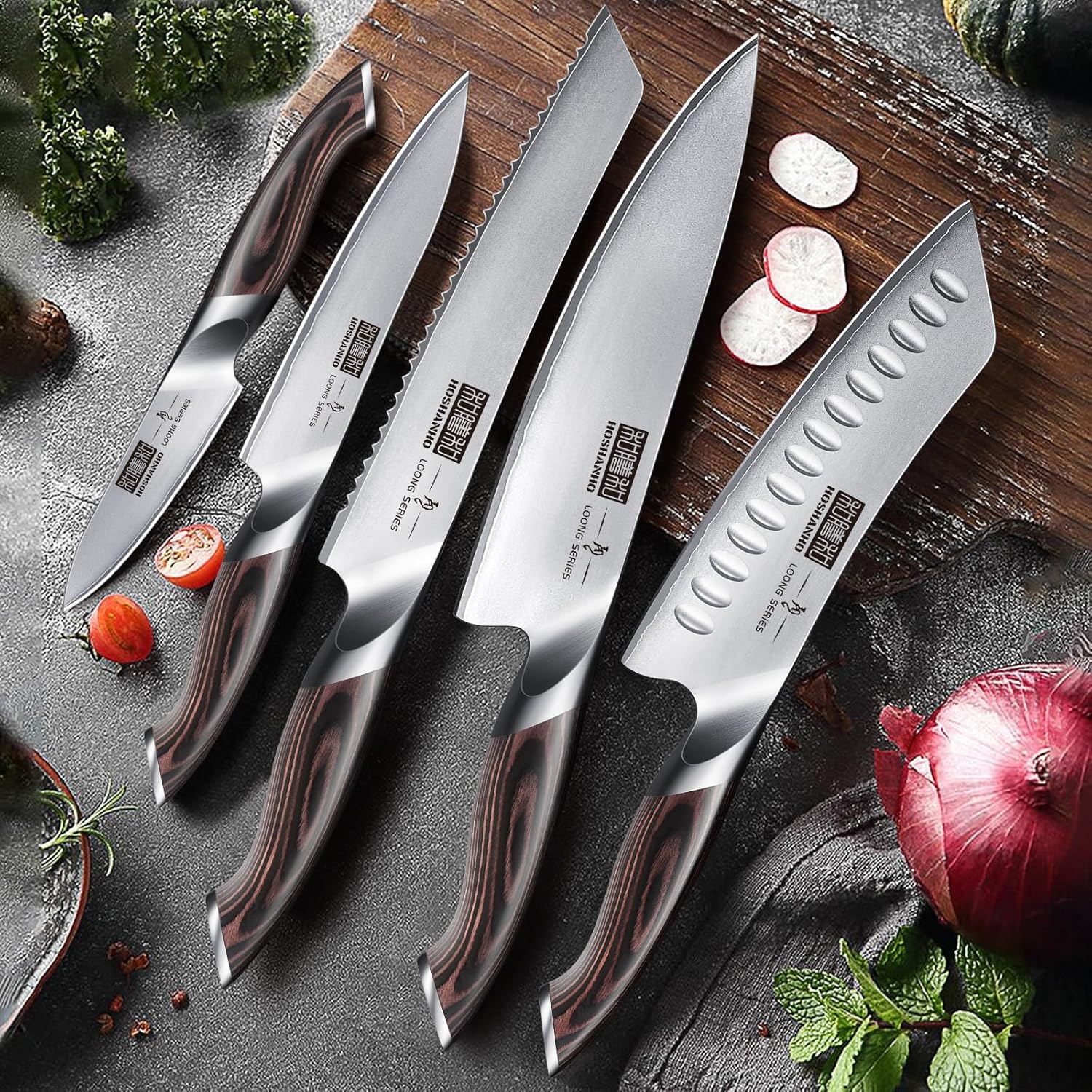 Six-piece Japanese stainless steel kitchen knife set with magnetic wall-mounted holder, featuring professional chef knives in silver โ view 5
