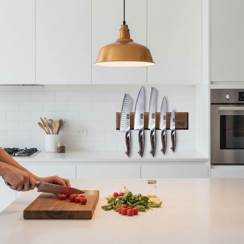 Six-piece Japanese stainless steel kitchen knife set with magnetic wall-mounted holder, featuring professional chef knives in silver — view 3b