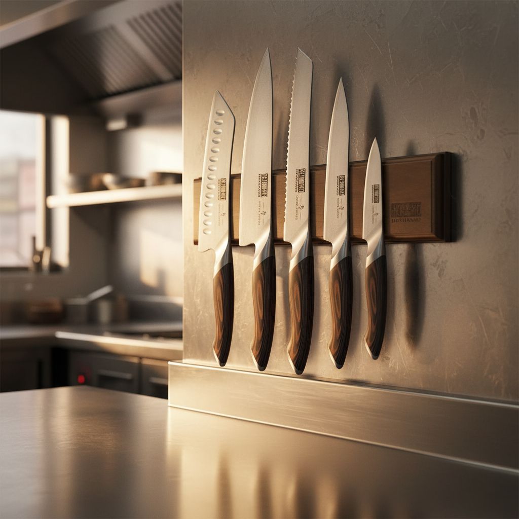 Six-piece Japanese stainless steel kitchen knife set with magnetic wall-mounted holder, featuring professional chef knives in silver — view 5b