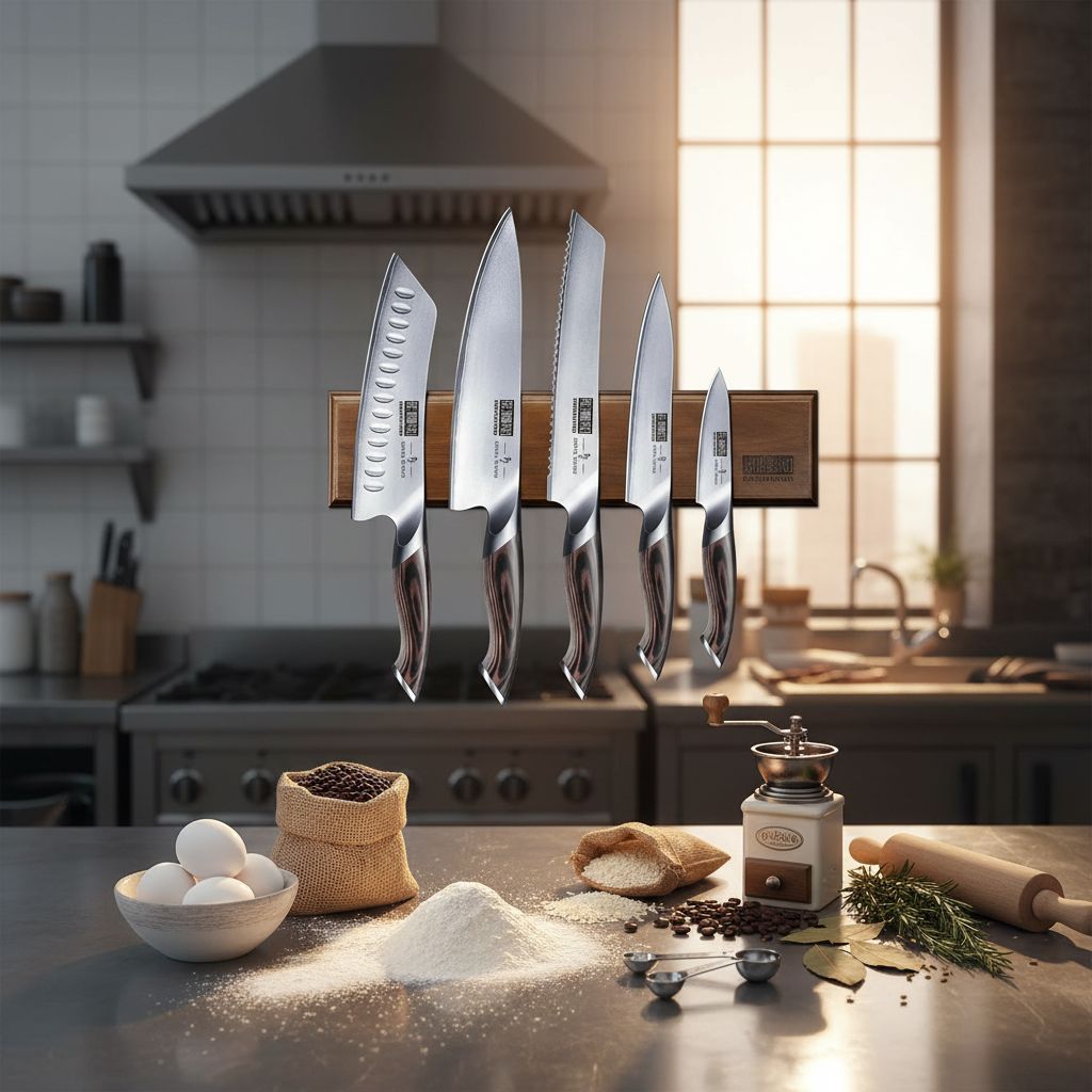 Six-piece Japanese stainless steel kitchen knife set with magnetic wall-mounted holder, featuring professional chef knives in silver — view 2