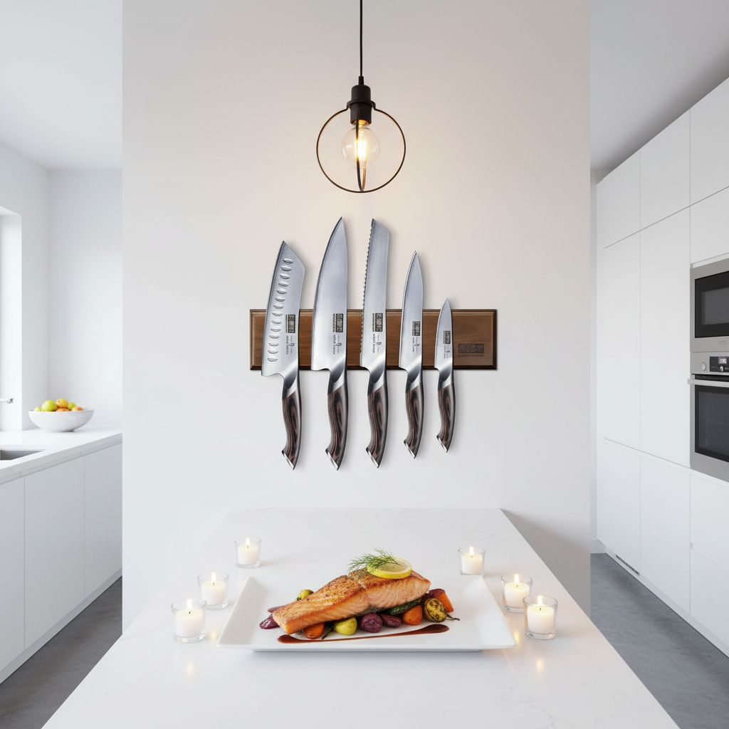 Six-piece Japanese stainless steel kitchen knife set with magnetic wall-mounted holder, featuring professional chef knives in silver — view 3a