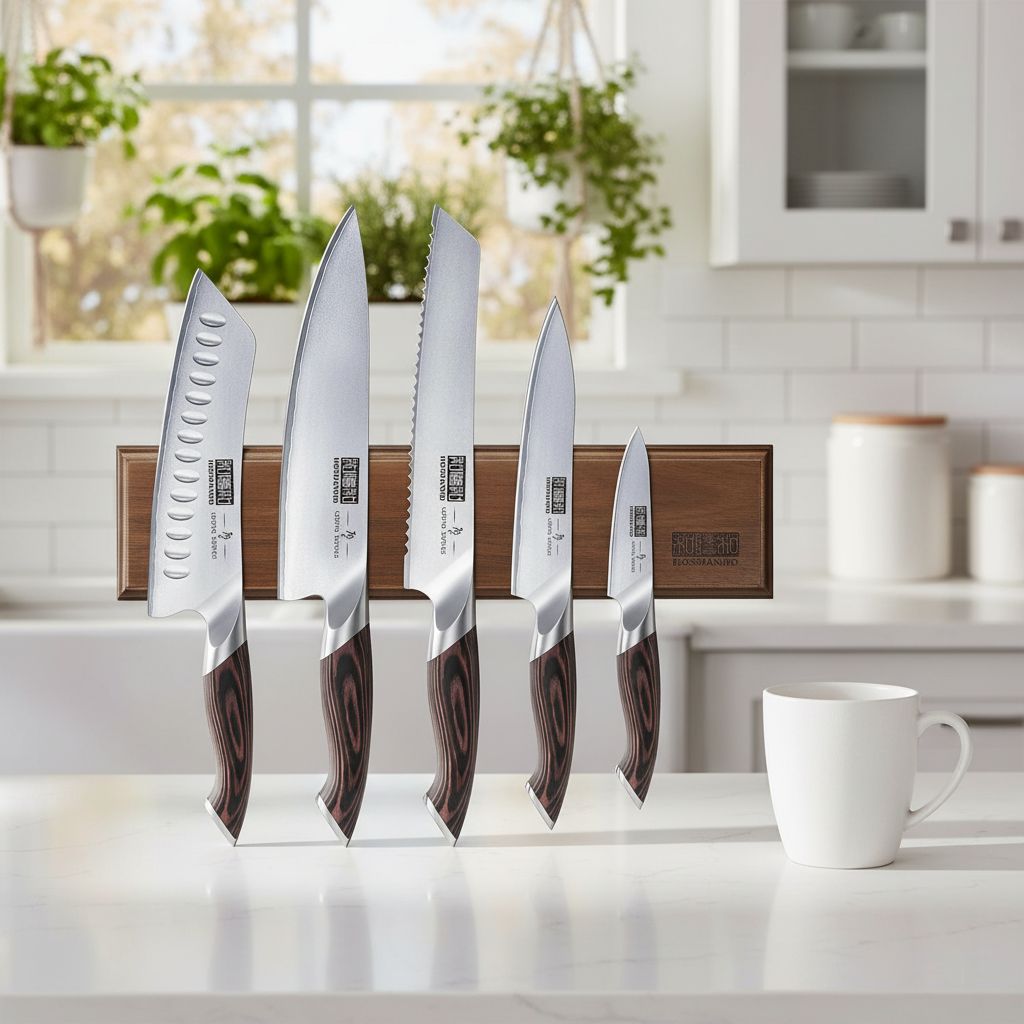 Six-piece Japanese stainless steel kitchen knife set with magnetic wall-mounted holder, featuring professional chef knives in silver — view 4