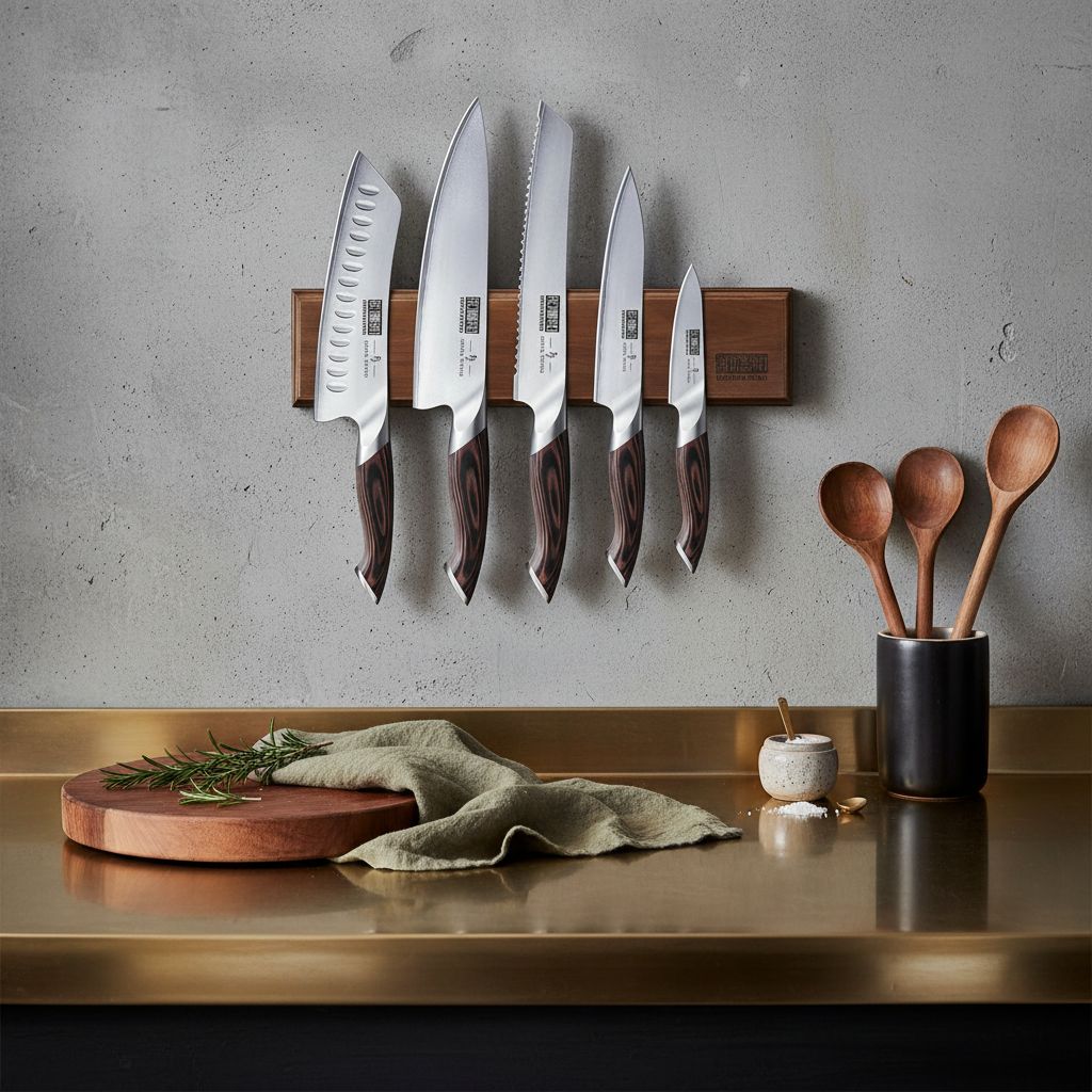 Six-piece Japanese stainless steel kitchen knife set with magnetic wall-mounted holder, featuring professional chef knives in silver — view 5a