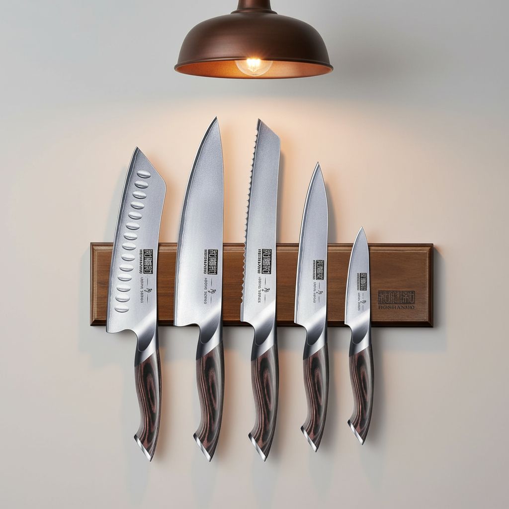 Six-piece Japanese stainless steel kitchen knife set with magnetic wall-mounted holder, featuring professional chef knives in silver — view 6