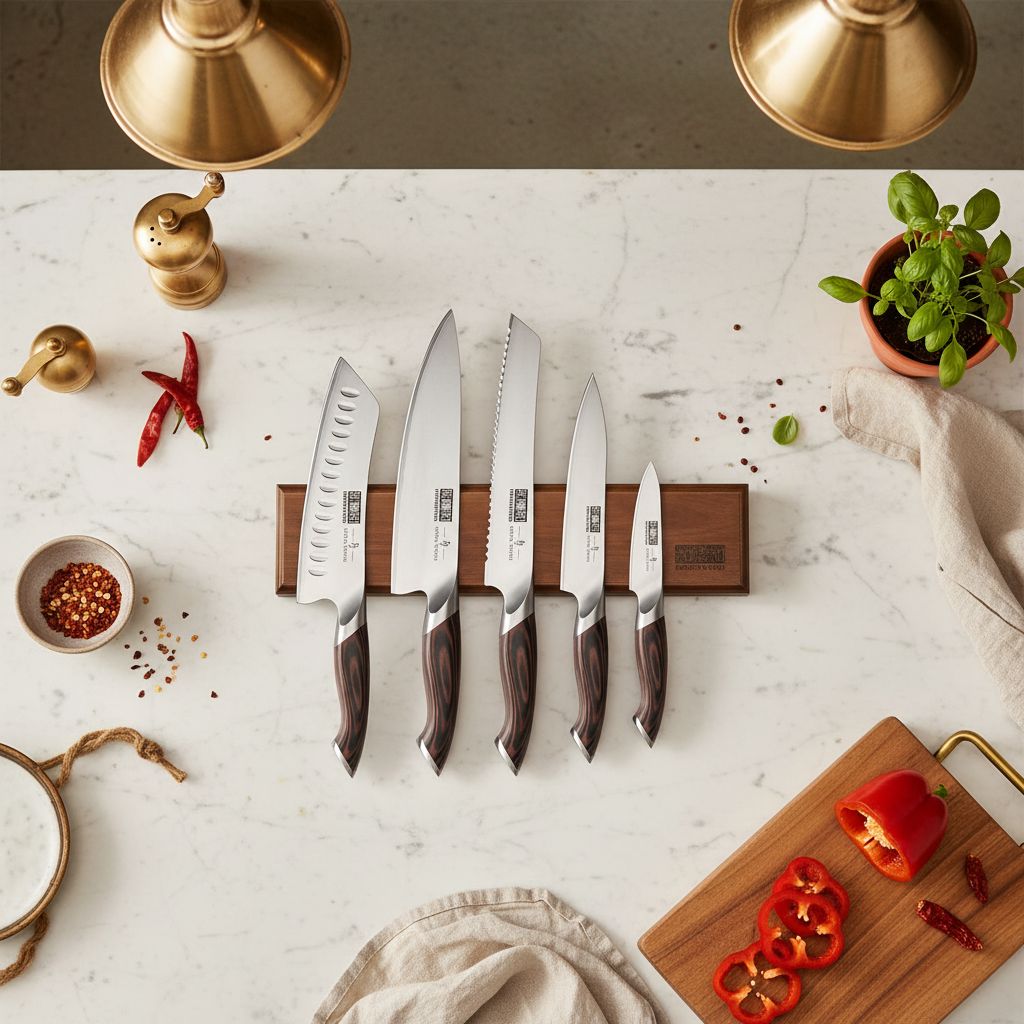 Six-piece Japanese stainless steel kitchen knife set with magnetic wall-mounted holder, featuring professional chef knives in silver — view 7a