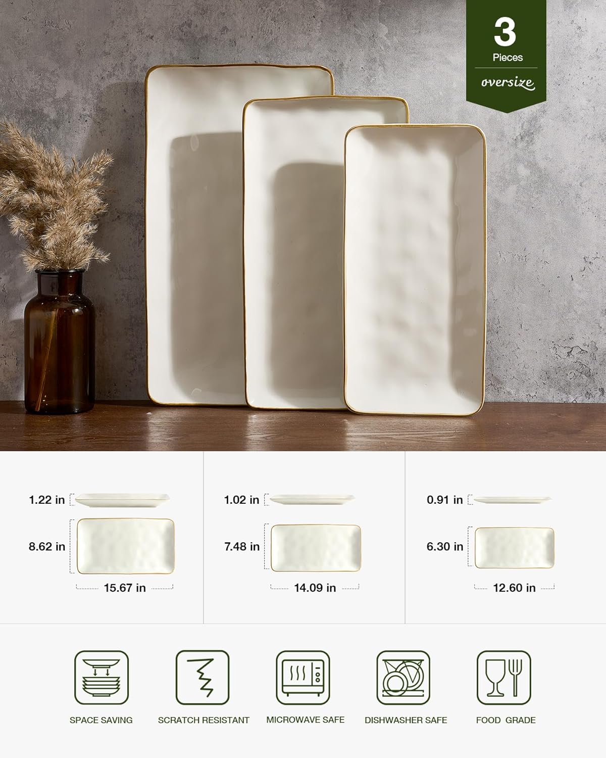 Rectangular stoneware serving platter in vanilla white, three-piece set for entertaining — view 2