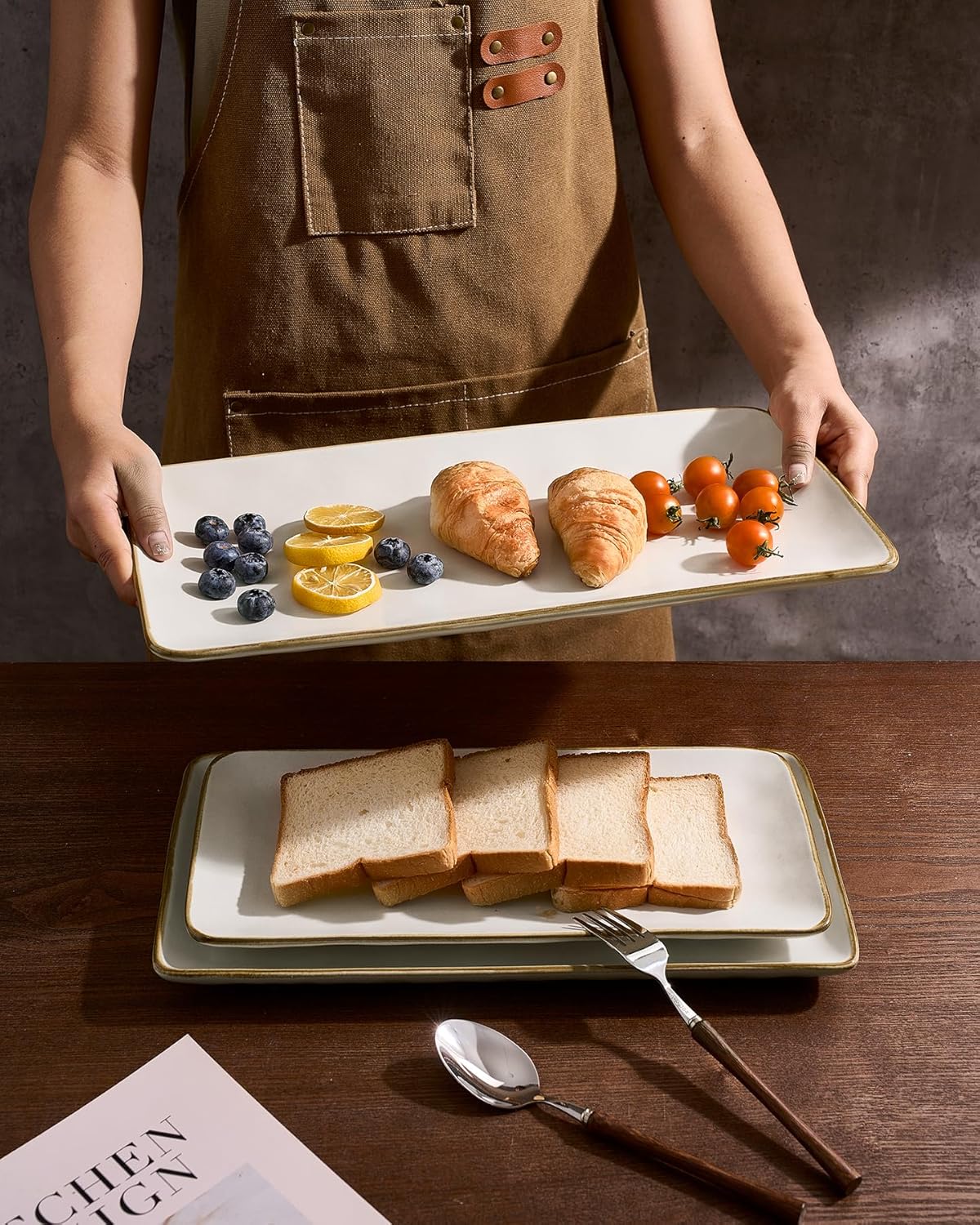 Rectangular stoneware serving platter in vanilla white, three-piece set for entertaining — view 3