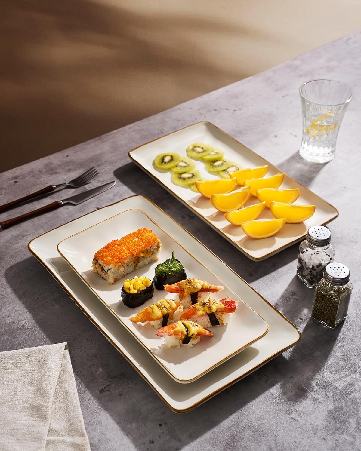 Rectangular stoneware serving platter in vanilla white, three-piece set for entertaining — view 4