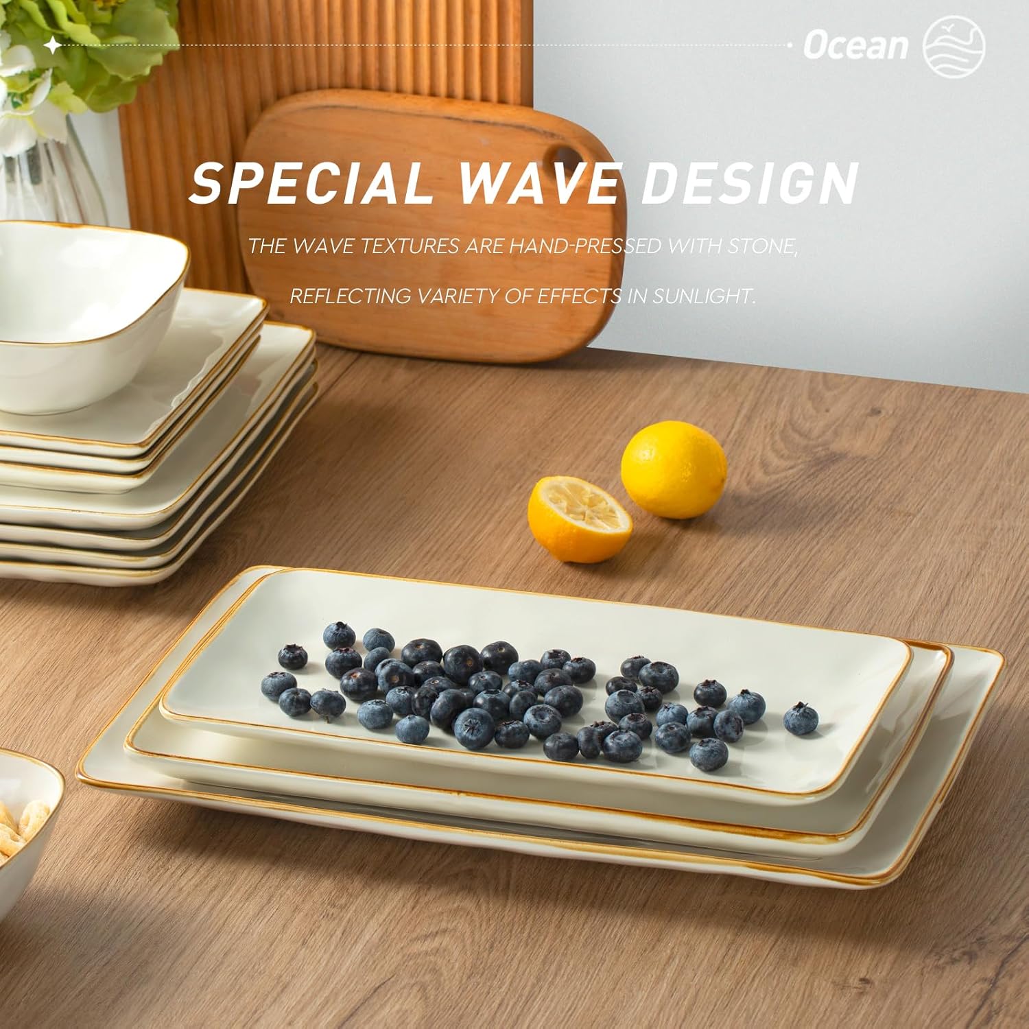 Rectangular stoneware serving platter in vanilla white, three-piece set for entertaining — view 4