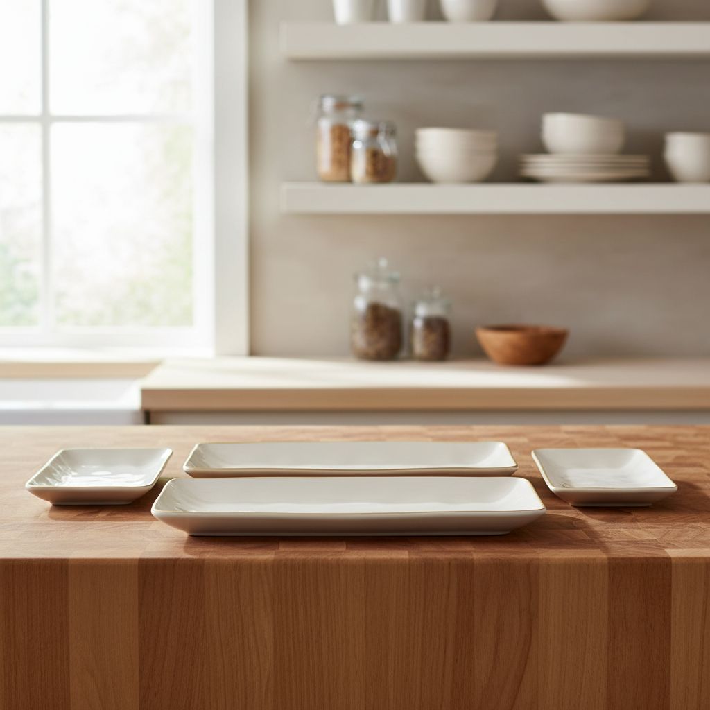Rectangular stoneware serving platter in vanilla white, three-piece set for entertaining — view 5b