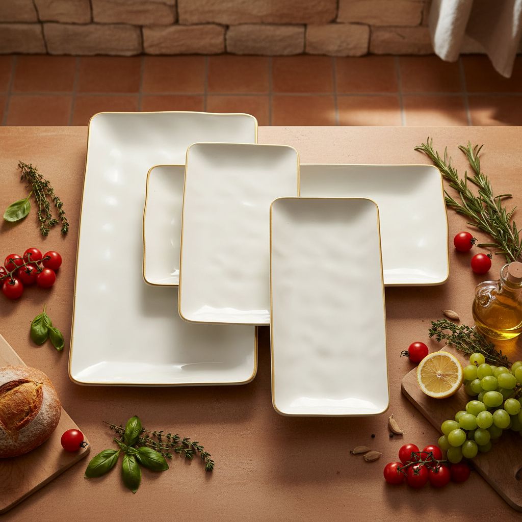 Rectangular stoneware serving platter in vanilla white, three-piece set for entertaining — view 7b