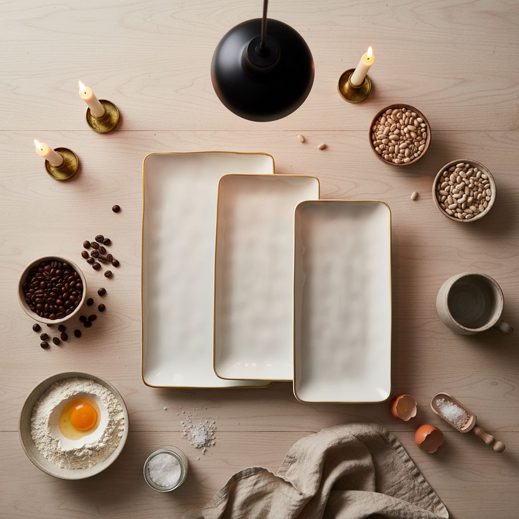 Rectangular stoneware serving platter in vanilla white, three-piece set for entertaining — view 2