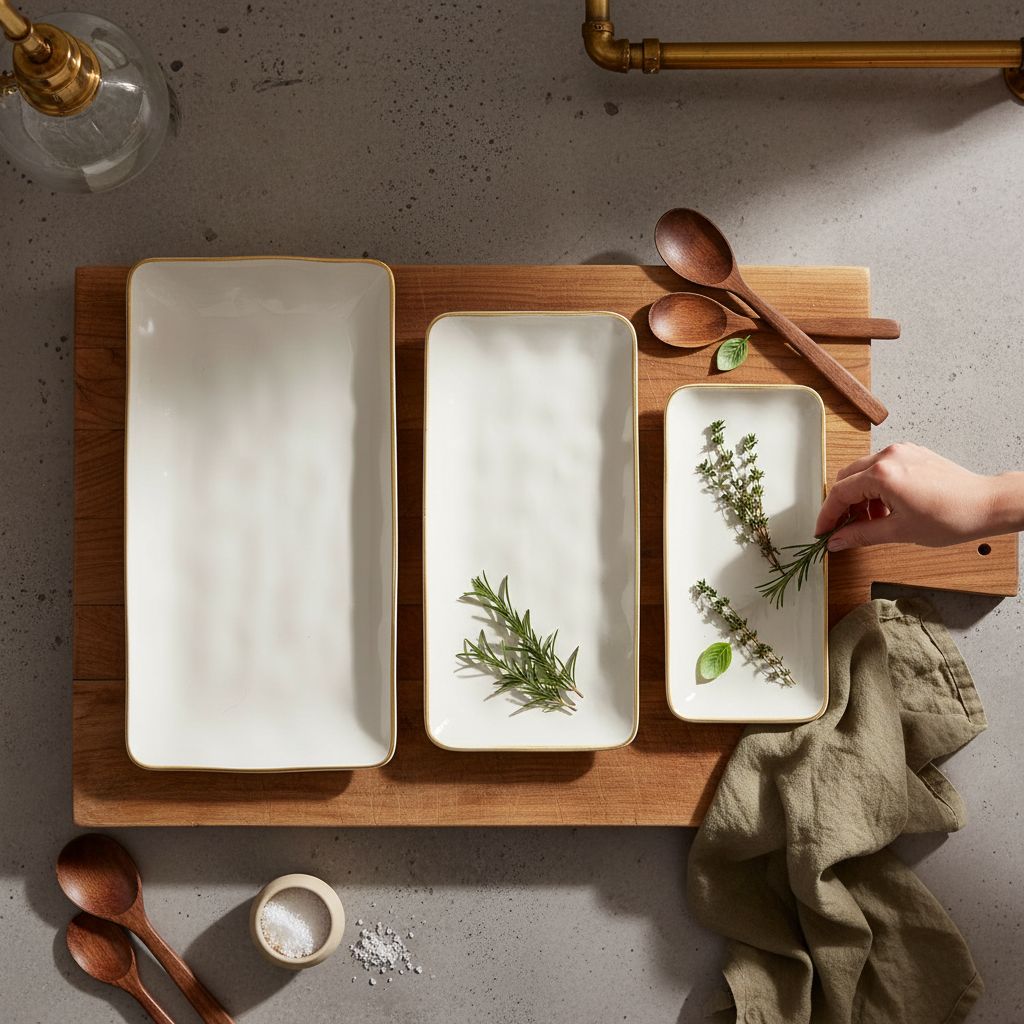 Rectangular stoneware serving platter in vanilla white, three-piece set for entertaining — view 5a