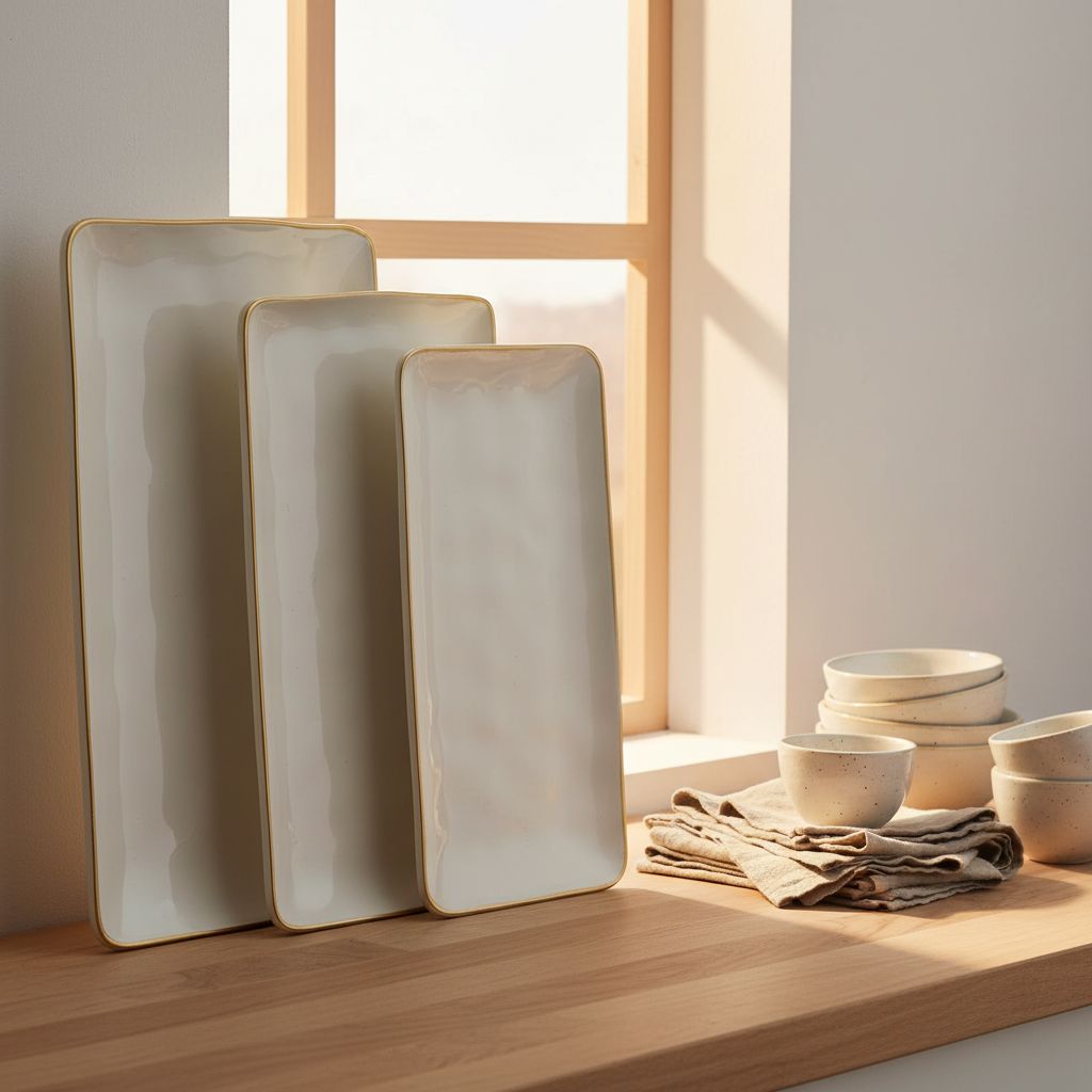 Rectangular stoneware serving platter in vanilla white, three-piece set for entertaining — view 6