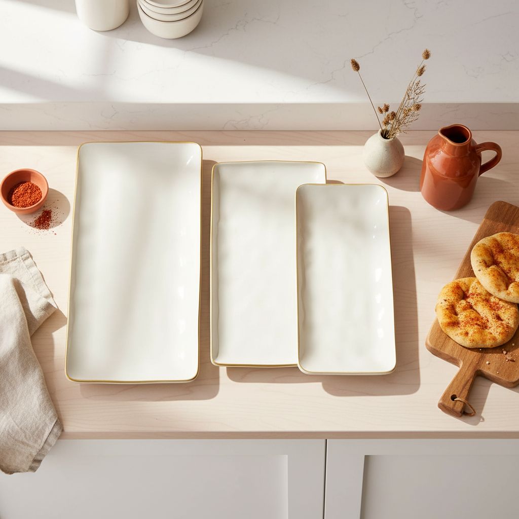 Rectangular stoneware serving platter in vanilla white, three-piece set for entertaining — view 7a
