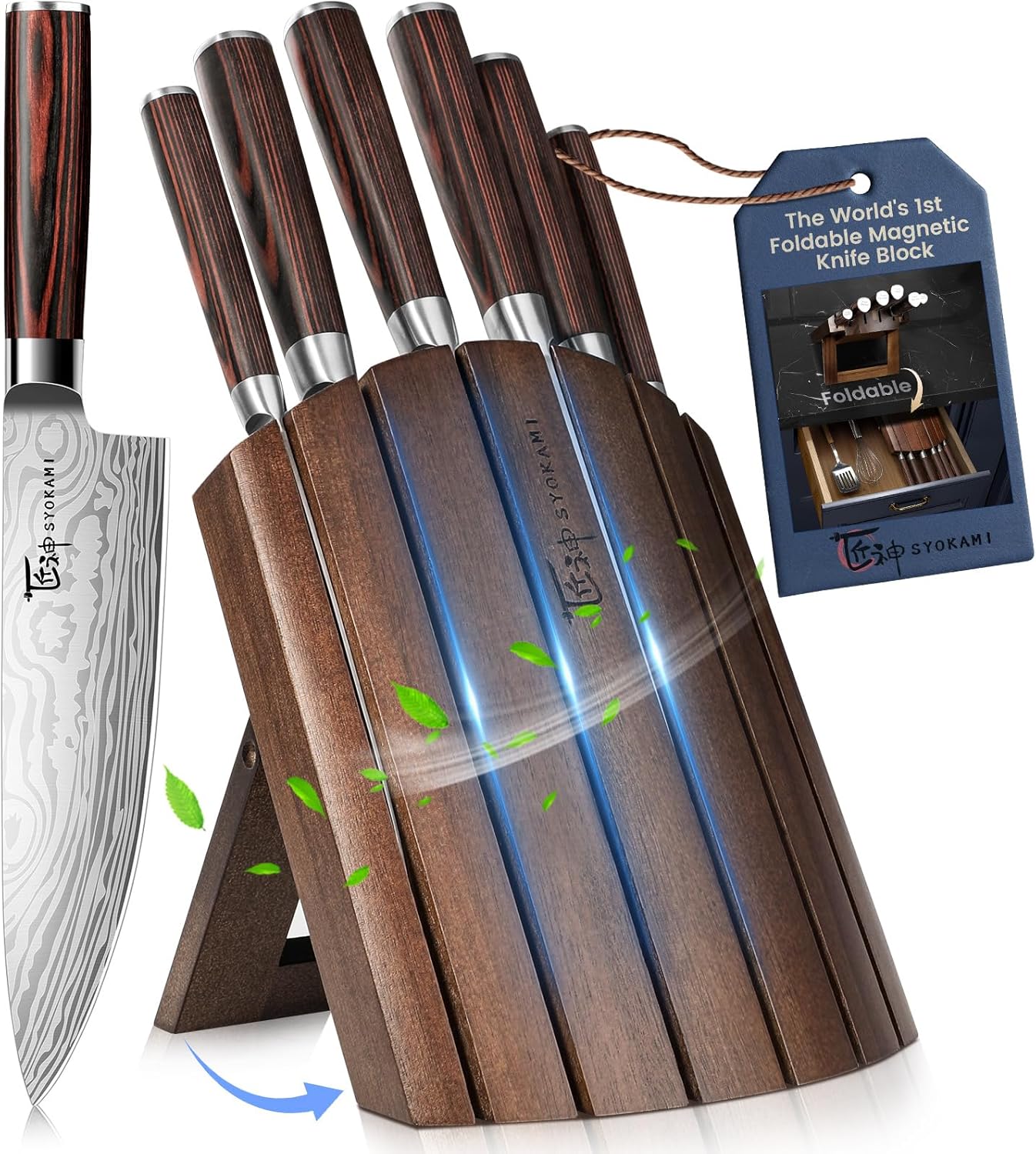 7-piece Japanese-style kitchen knife set with high-carbon stainless steel blades and foldable magnetic acacia wood block — front
