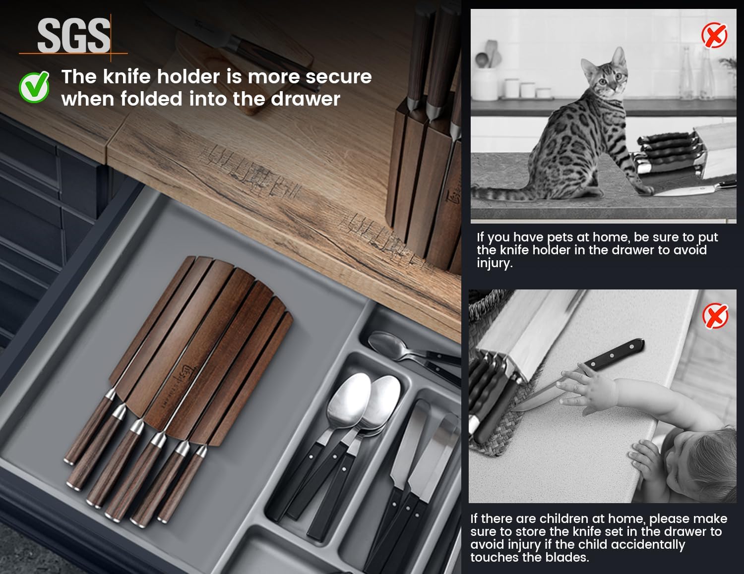 7-piece Japanese-style kitchen knife set with high-carbon stainless steel blades and foldable magnetic acacia wood block — back