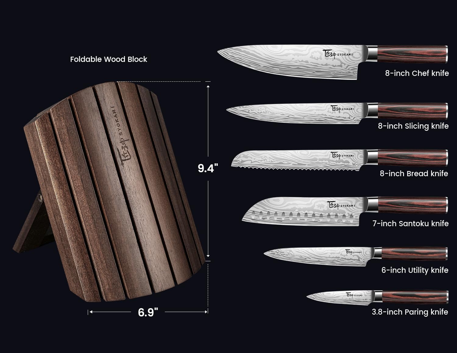 7-piece Japanese-style kitchen knife set with high-carbon stainless steel blades and foldable magnetic acacia wood block — view 4
