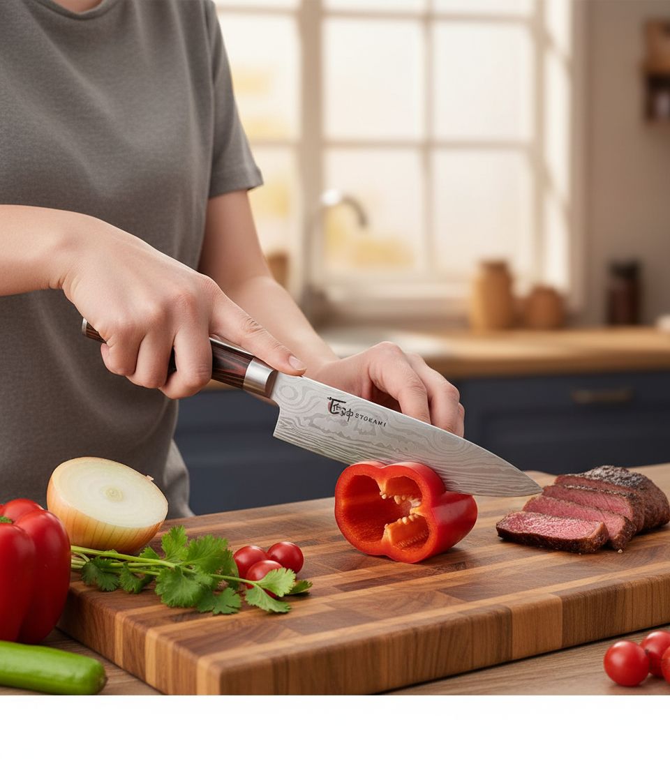 7-piece Japanese-style kitchen knife set with high-carbon stainless steel blades and foldable magnetic acacia wood block — view 3b