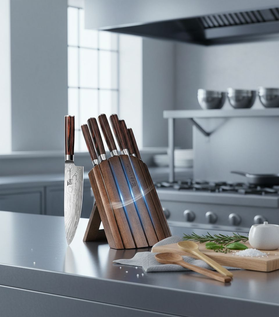 7-piece Japanese-style kitchen knife set with high-carbon stainless steel blades and foldable magnetic acacia wood block — view 5a