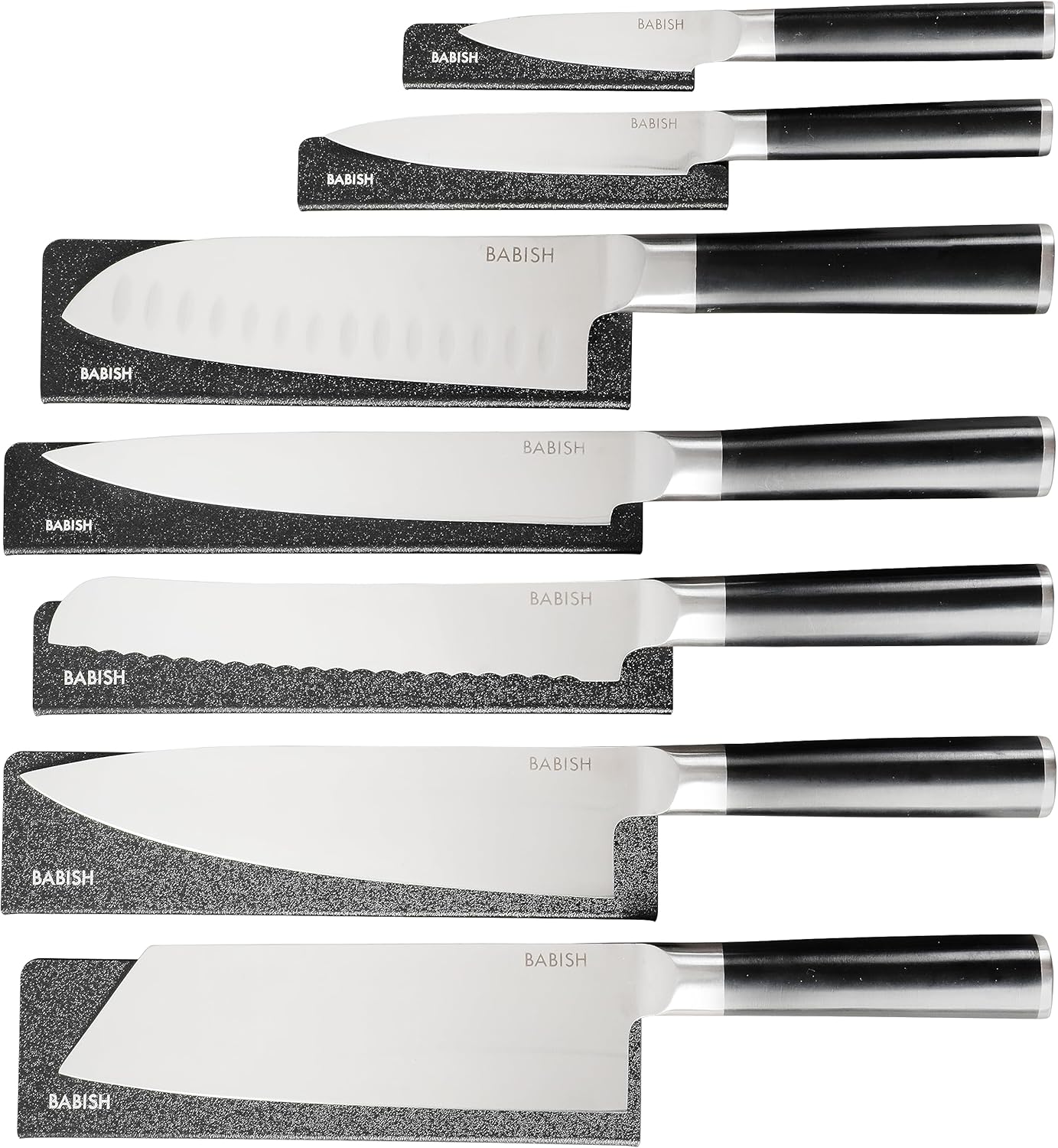 14-piece kitchen knife set with high-carbon German steel blades and black protective sheaths displayed in row — view 1