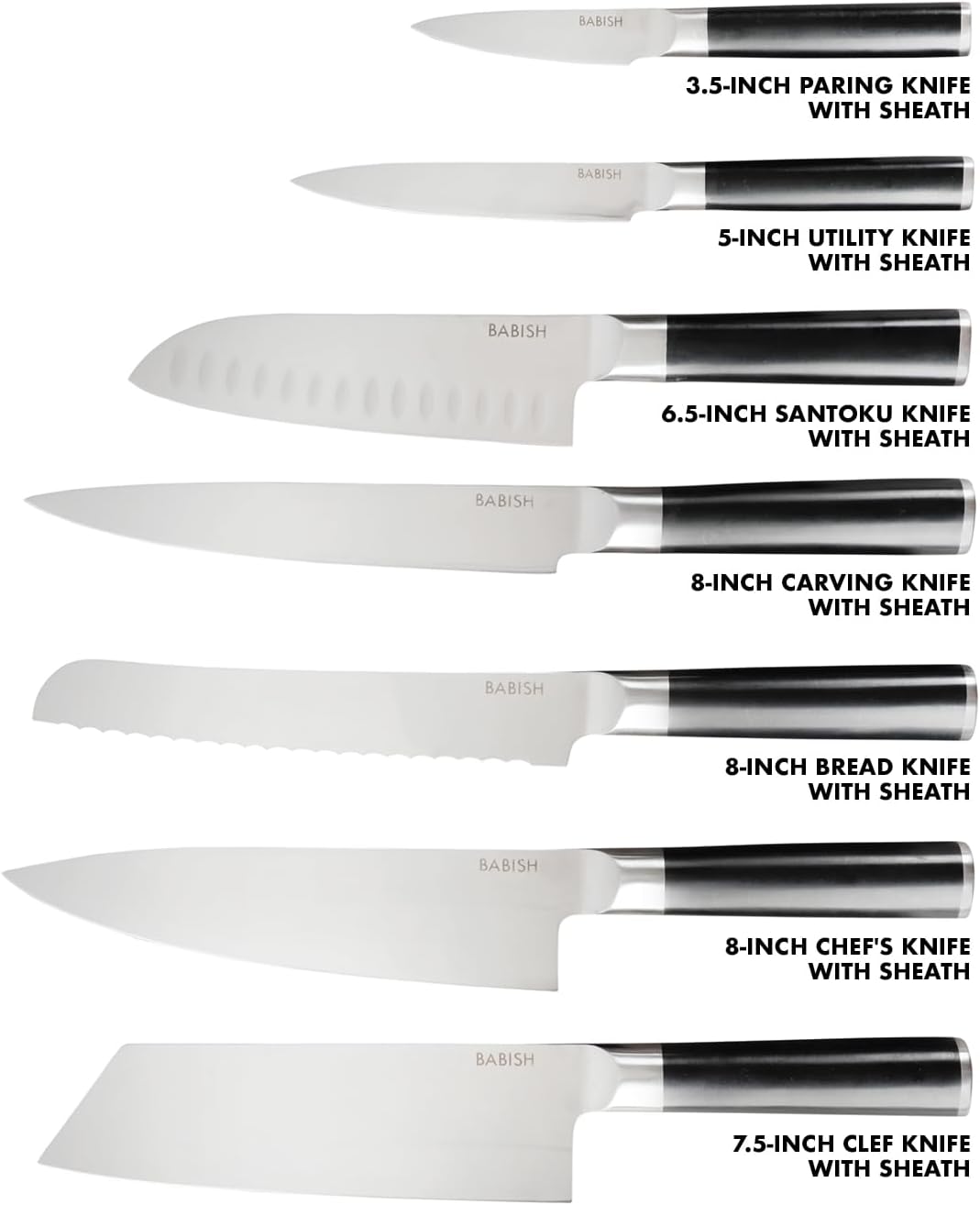 14-piece kitchen knife set with high-carbon German steel blades and black protective sheaths displayed in row — view 3