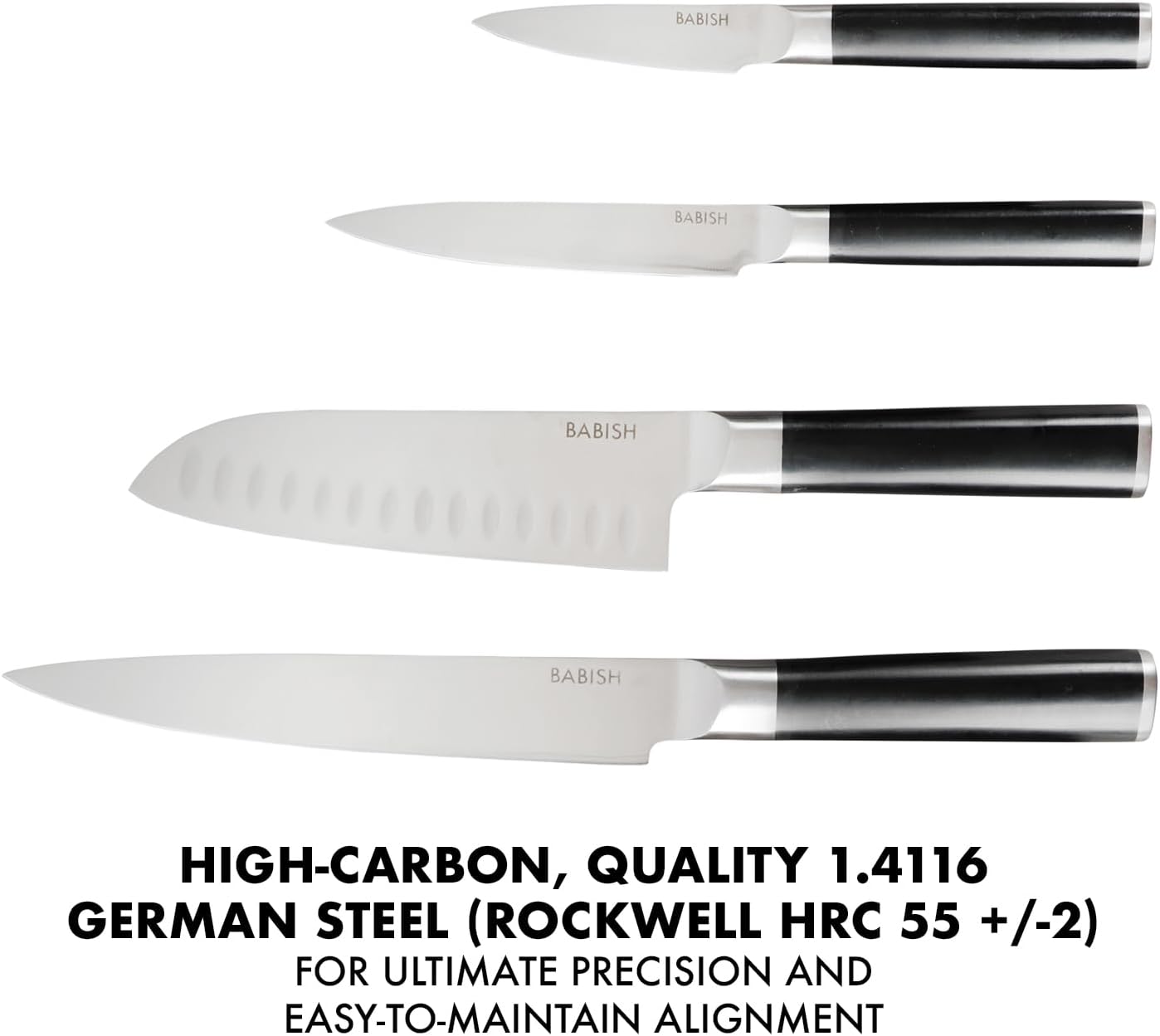 14-piece kitchen knife set with high-carbon German steel blades and black protective sheaths displayed in row — view 4