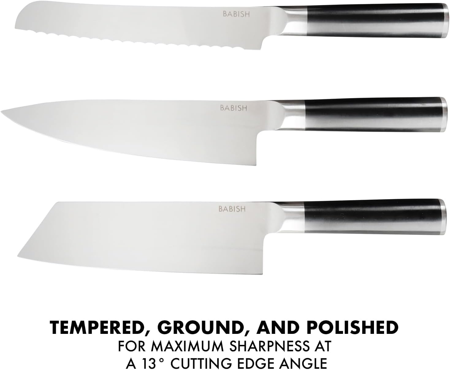 14-piece kitchen knife set with high-carbon German steel blades and black protective sheaths displayed in row — view 2