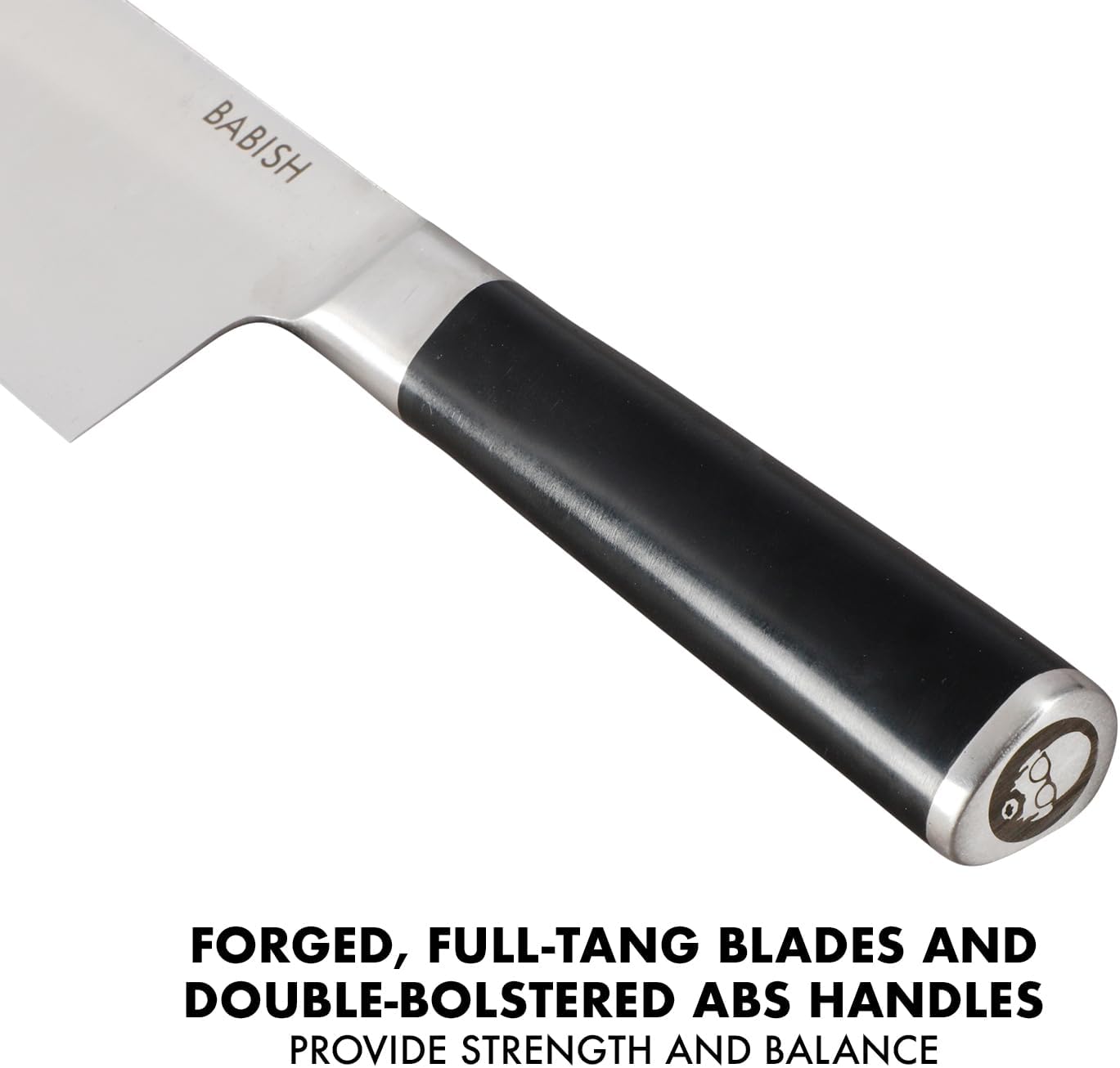 14-piece kitchen knife set with high-carbon German steel blades and black protective sheaths displayed in row — view 3