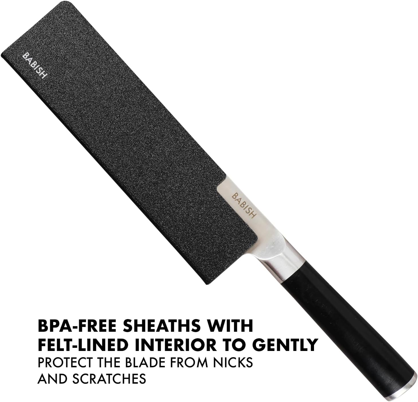 14-piece kitchen knife set with high-carbon German steel blades and black protective sheaths displayed in row — view 4