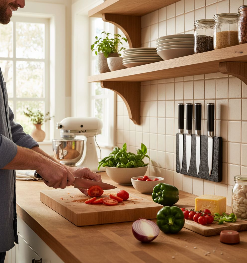 14-piece kitchen knife set with high-carbon German steel blades and black protective sheaths displayed in row — view 3b