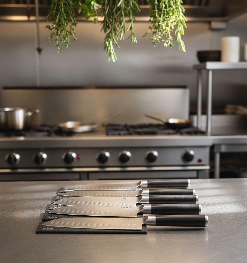 14-piece kitchen knife set with high-carbon German steel blades and black protective sheaths displayed in row — view 5b