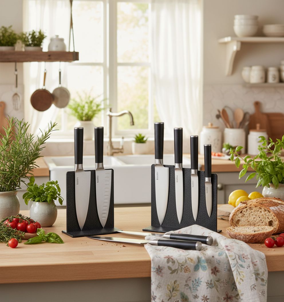 14-piece kitchen knife set with high-carbon German steel blades and black protective sheaths displayed in row — view 7b