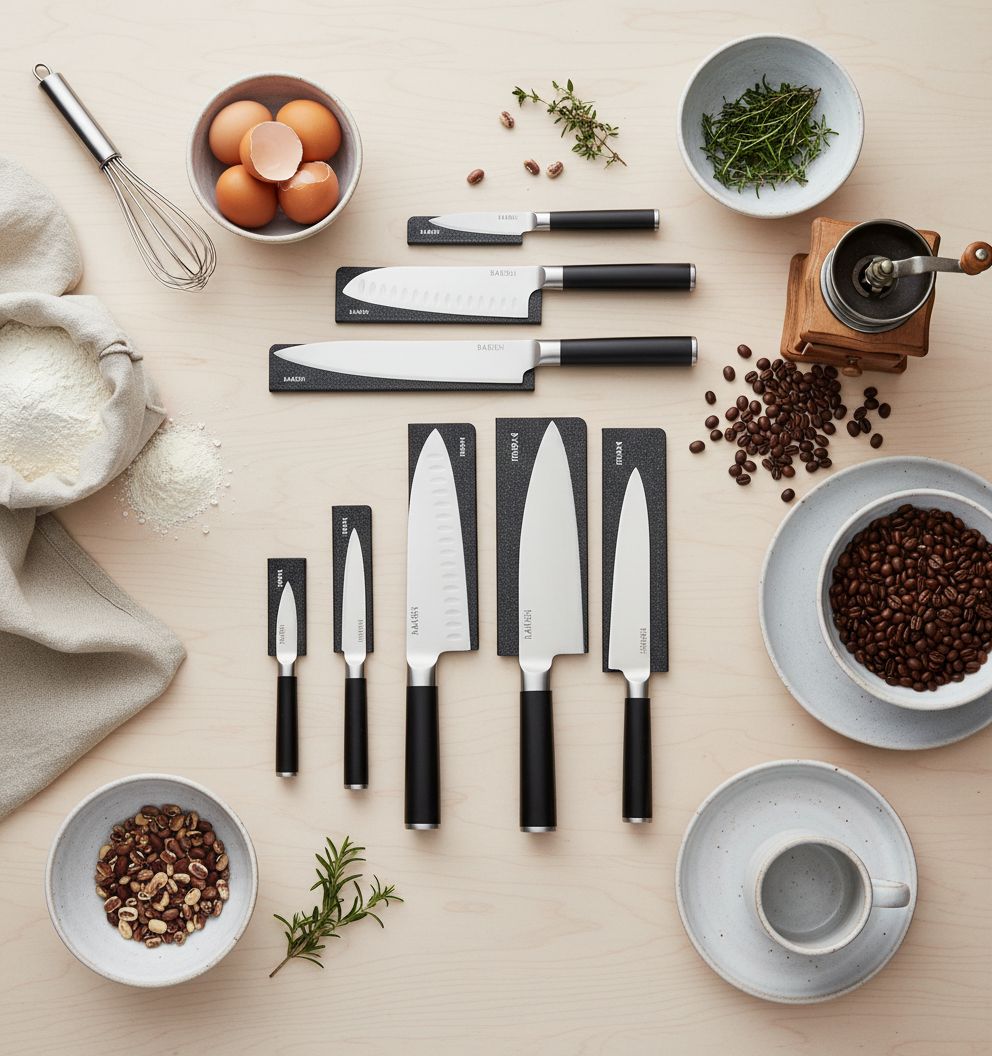 14-piece kitchen knife set with high-carbon German steel blades and black protective sheaths displayed in row — view 2