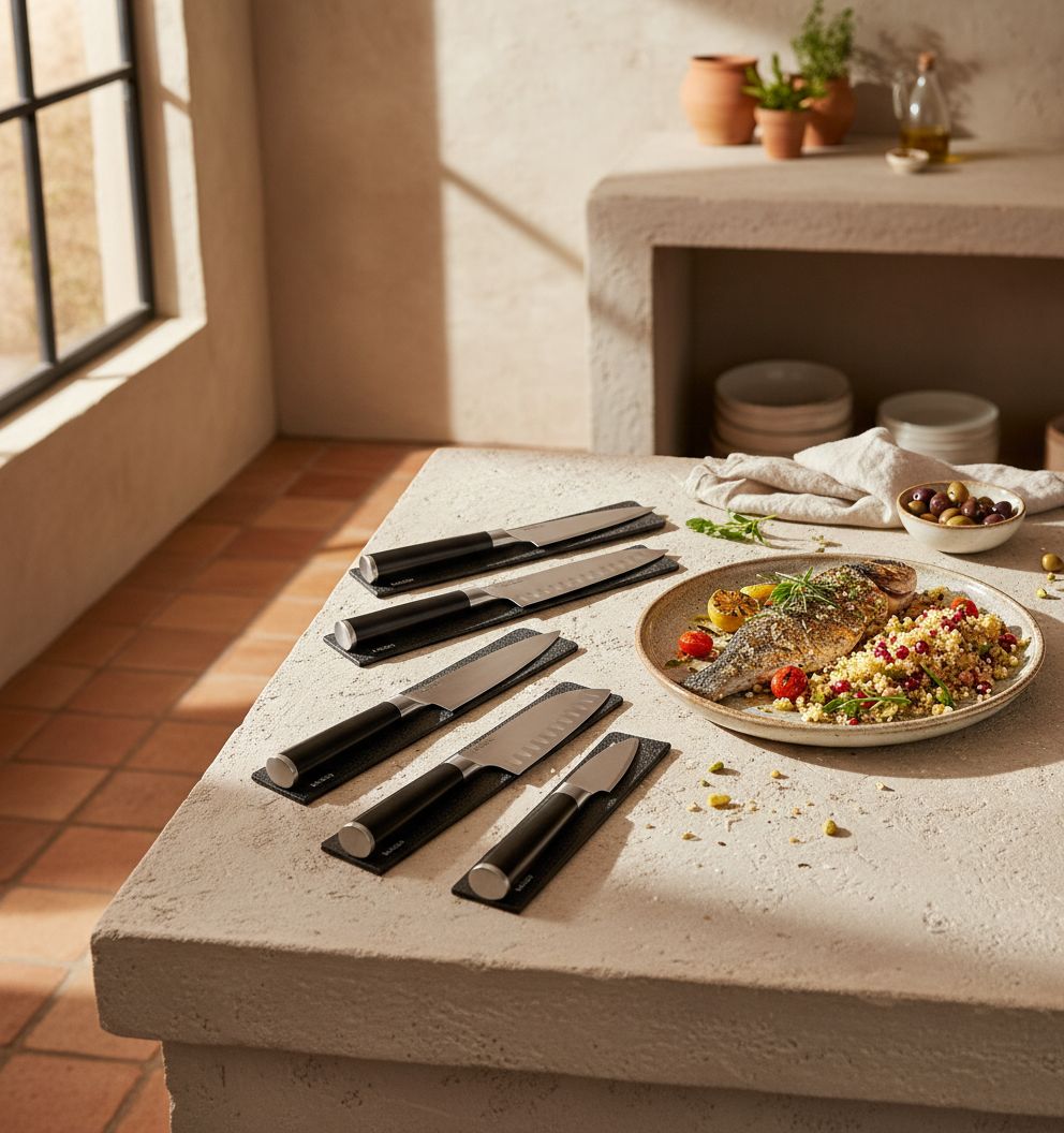 14-piece kitchen knife set with high-carbon German steel blades and black protective sheaths displayed in row — view 3a