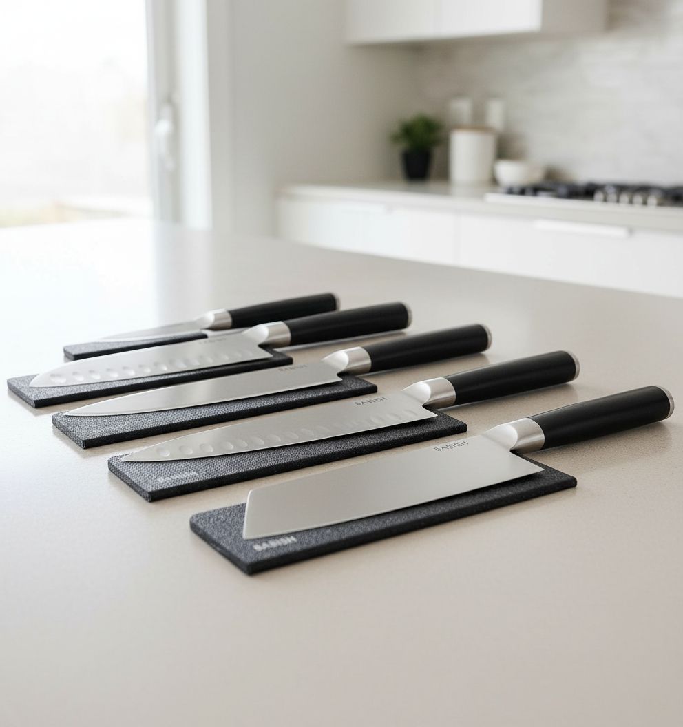 14-piece kitchen knife set with high-carbon German steel blades and black protective sheaths displayed in row — view 4