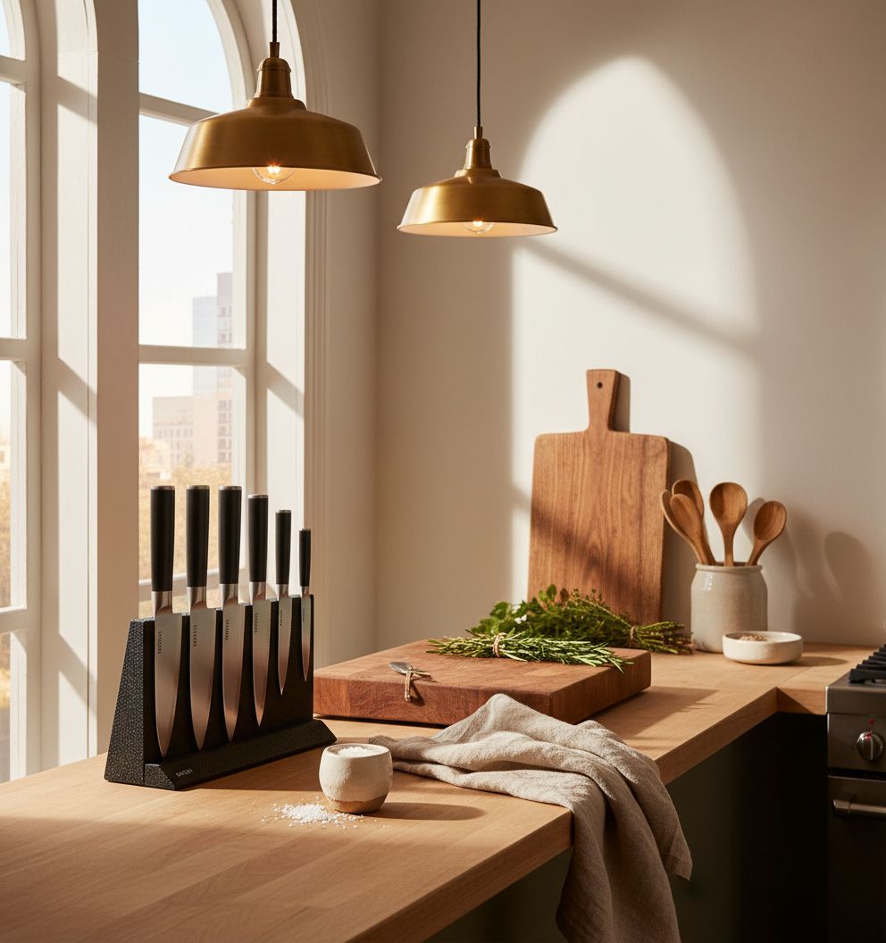 14-piece kitchen knife set with high-carbon German steel blades and black protective sheaths displayed in row — view 5a