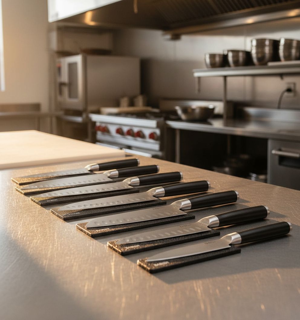 14-piece kitchen knife set with high-carbon German steel blades and black protective sheaths displayed in row — view 6