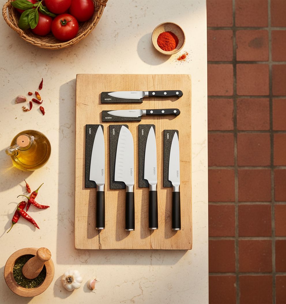 14-piece kitchen knife set with high-carbon German steel blades and black protective sheaths displayed in row — view 7a