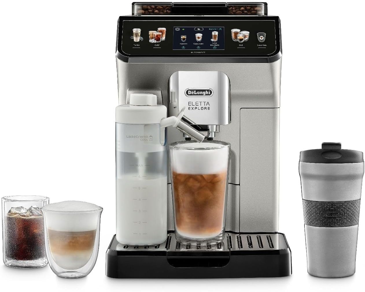 De'Longhi Eletta Explore stainless steel espresso machine with integrated grinder and milk frother, front view — view 1