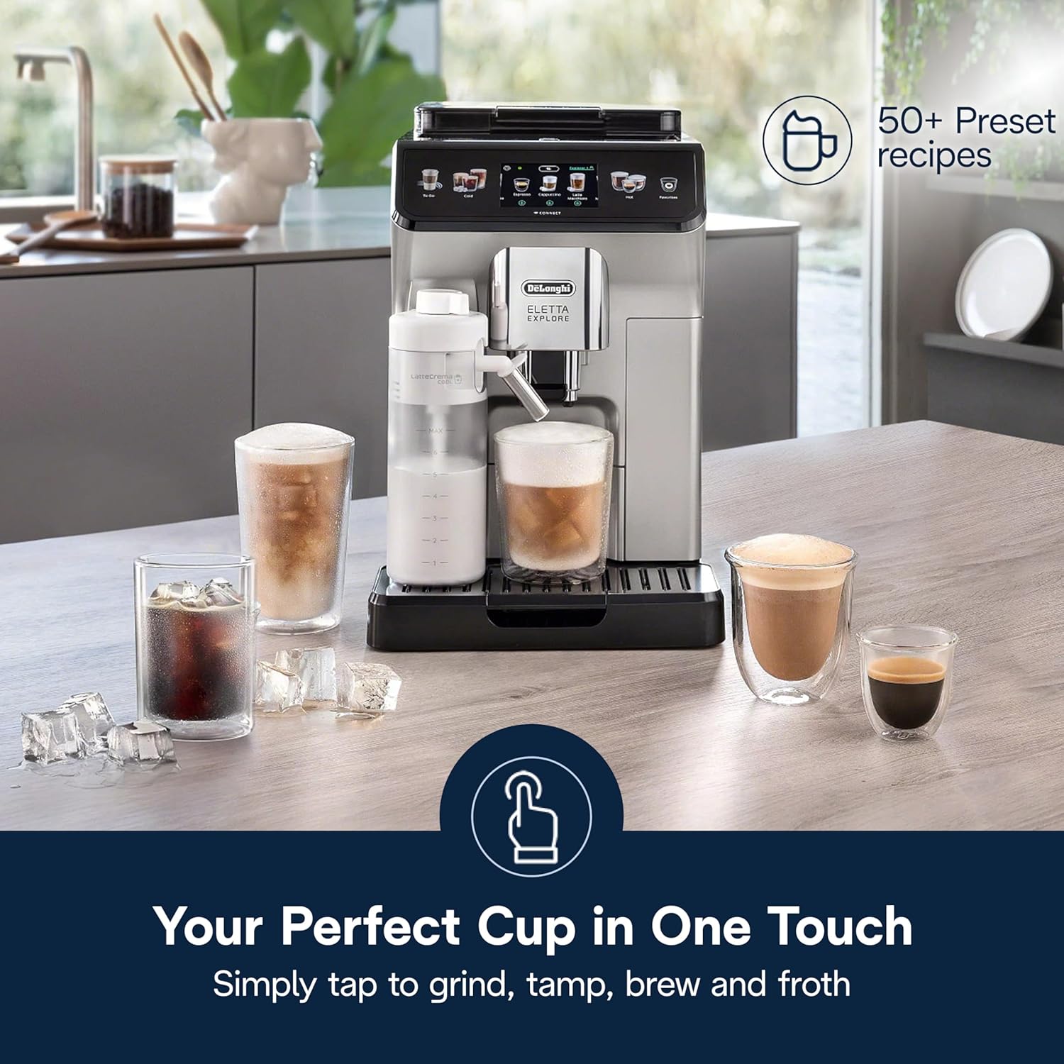 De'Longhi Eletta Explore stainless steel espresso machine with integrated grinder and milk frother, front view — view 2